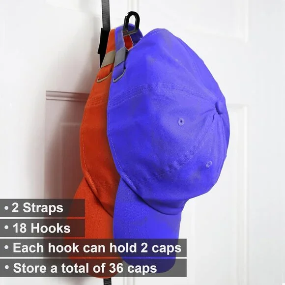 CapRack | Over-The-Door Hat Organizer for Baseball Caps | 2 Straps, Holds 18-36 - Picture 5 of 8